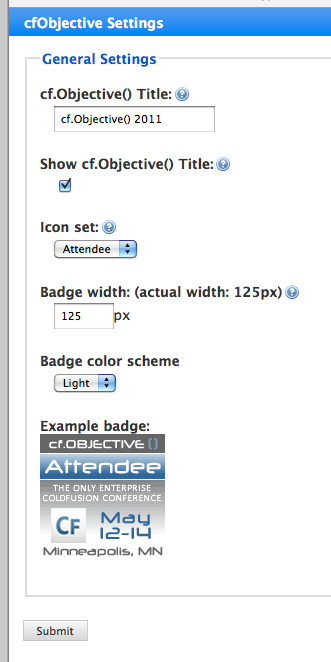 example of the cfObjective-badges-plugin admin screen